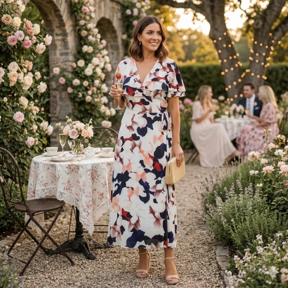 1. State XS Garden Party Wedding Guest Floral Ruffle Cascading Wrap Midi Dress
